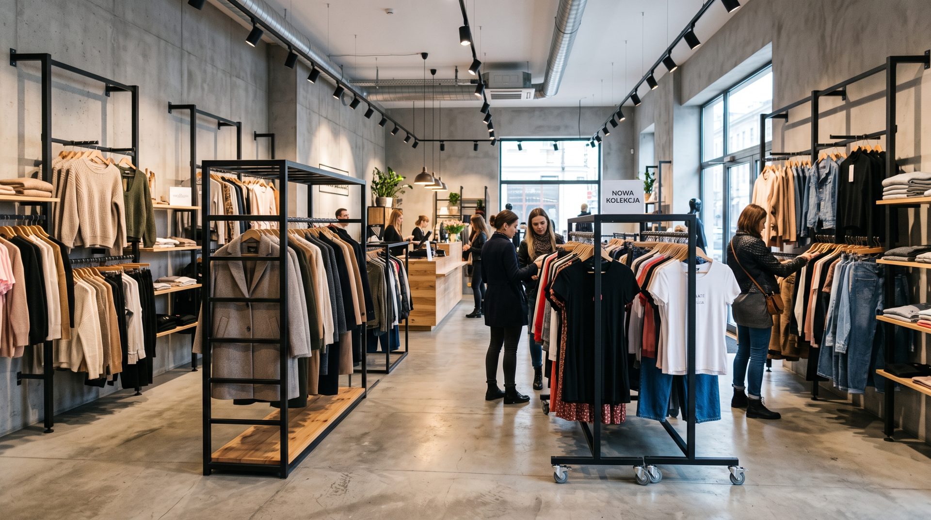 Nowoczesny butik z metalowymi wieszakami sklepowymi w stylu loft